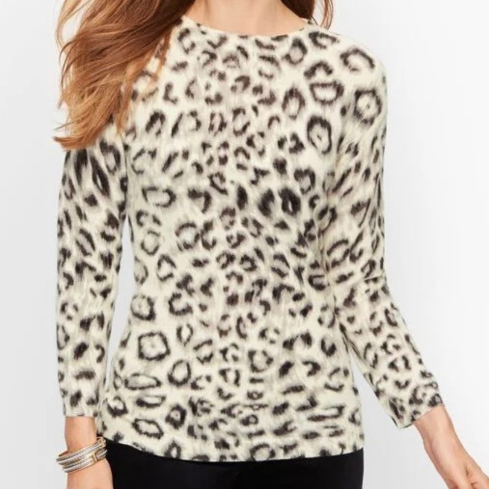 Talbots Pure Cashmere Leopard Print Audrey Sweater with 3/4 Sleeves
